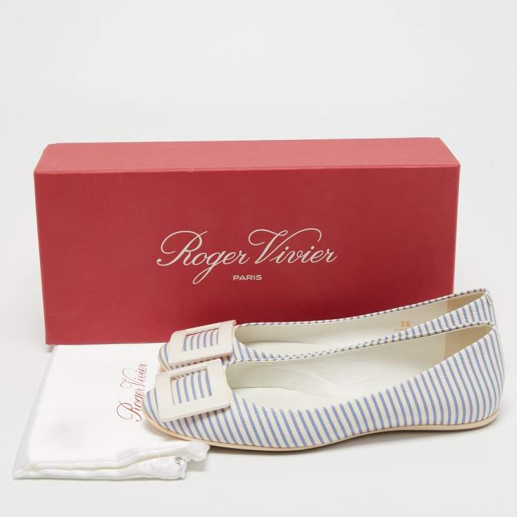 Pre Owned Roger Vivier White/Blue Striped Leather Gommette Ballet Flats Size 36
