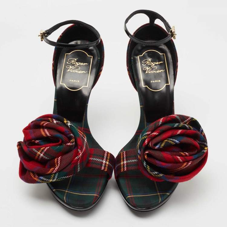 Pre Owned Roger Vivier Multicolor Fabric and Patent Leather Flower Detail Ankle Strap Sandals Size 36