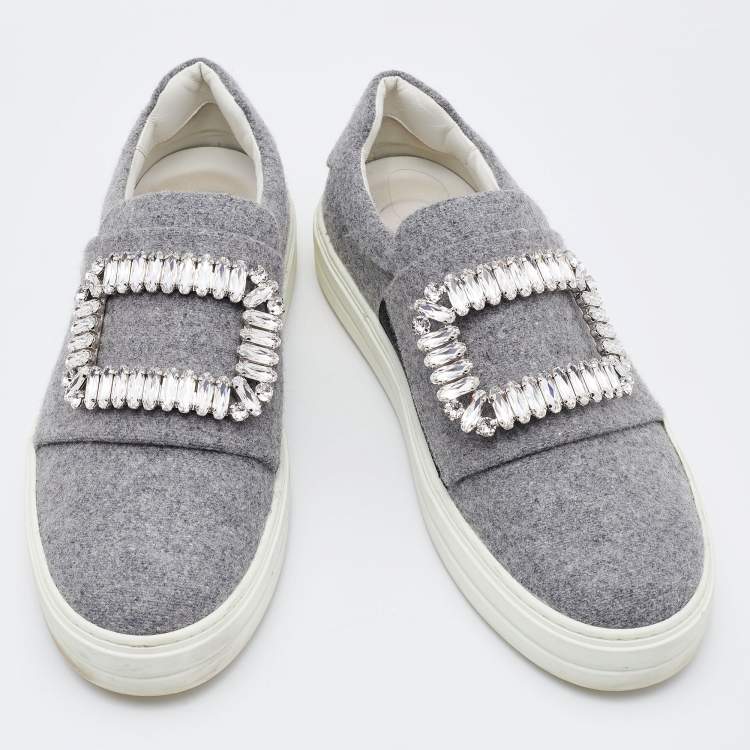 Pre Owned Roger Vivier Grey Fabric Crystal Embellished Slip On Sneakers Size 37