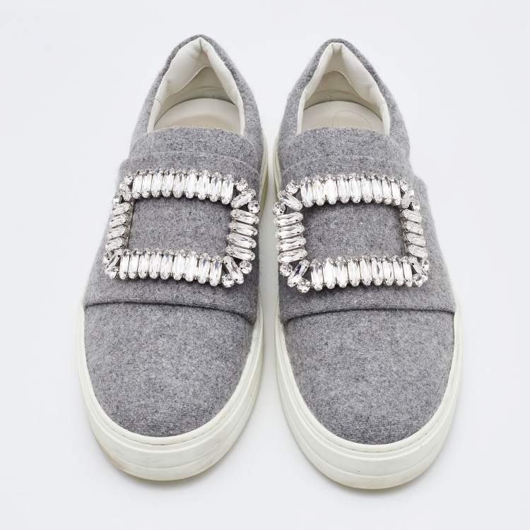 Pre Owned Roger Vivier Grey Fabric Crystal Embellished Slip On Sneakers Size 37