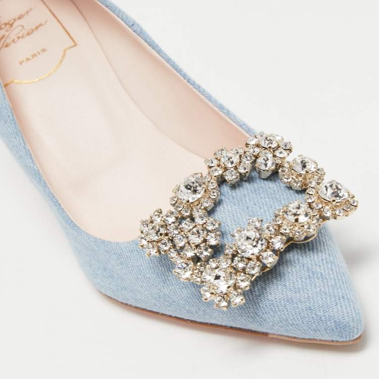 Pre Owned Roger Vivier Light Blue Denim Crystal Embellished Pointed Toe Pumps Size 35