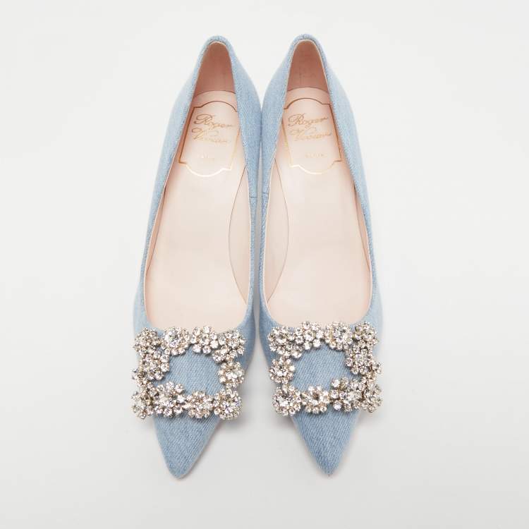 Pre Owned Roger Vivier Light Blue Denim Crystal Embellished Pointed Toe Pumps Size 35
