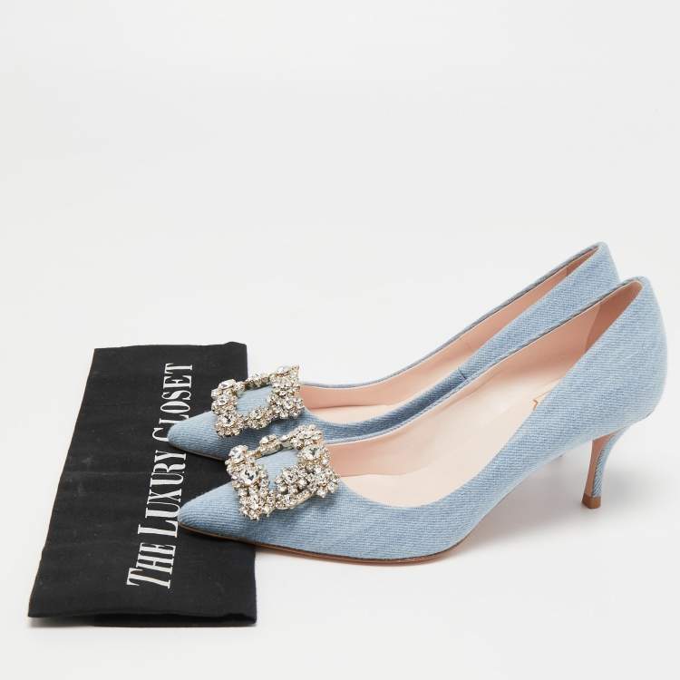Pre Owned Roger Vivier Light Blue Denim Crystal Embellished Pointed Toe Pumps Size 35