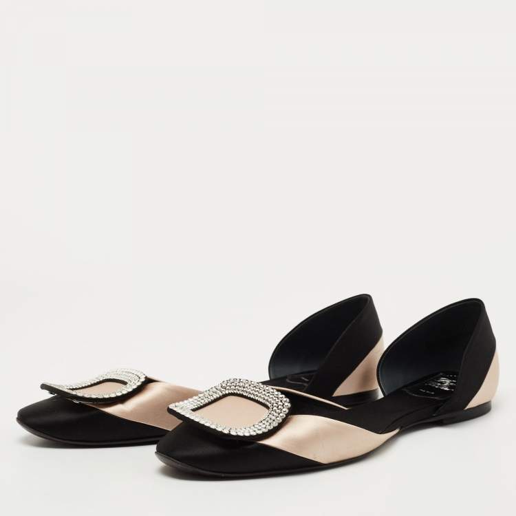 Pre Owned Roger Vivier Black/Pink Satin Crystal Embellished D'orsay Flats Size 37.5