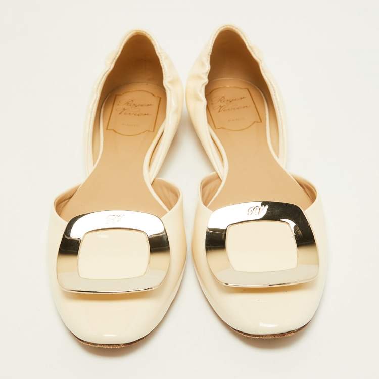 Pre Owned Roger Vivier Cream Patent Leather D'orsay Ballet Flats Size 38