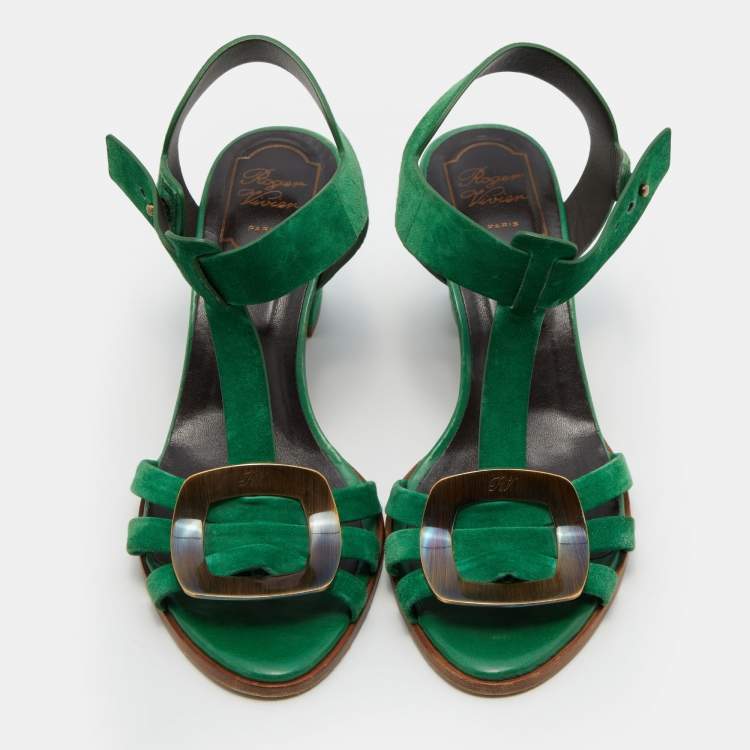 Pre Owned Roger Vivier Green Suede T-Strap Sandals Size 39