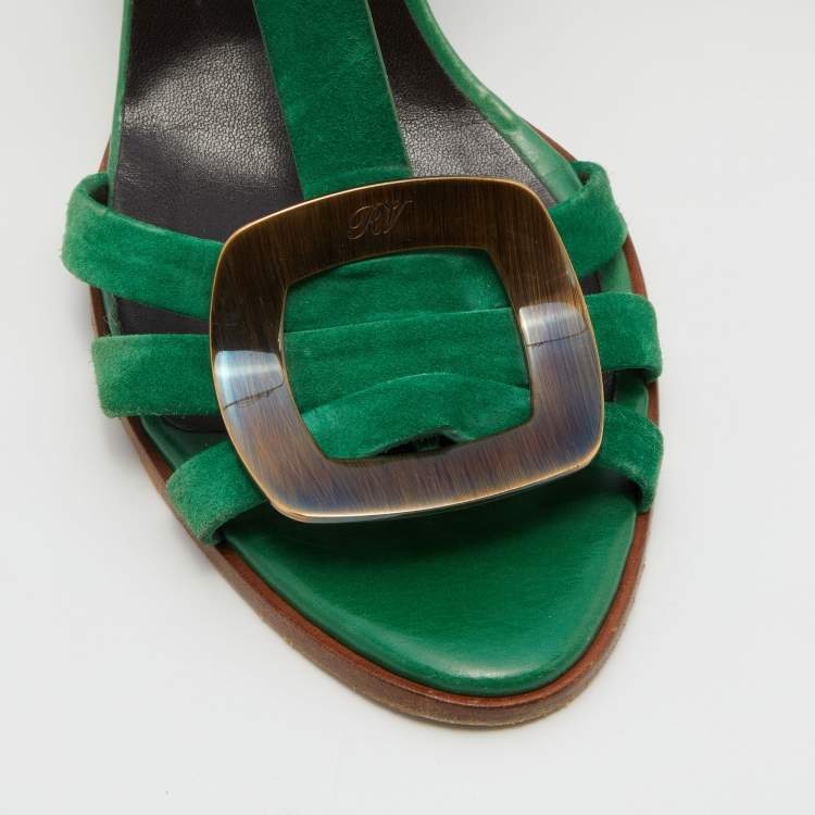 Pre Owned Roger Vivier Green Suede T-Strap Sandals Size 39