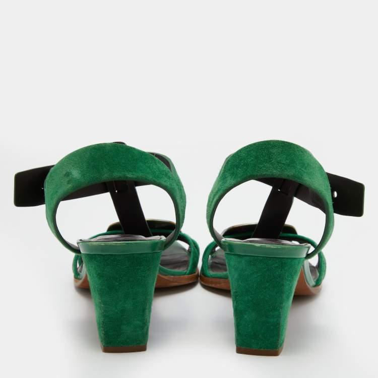 Pre Owned Roger Vivier Green Suede T-Strap Sandals Size 39