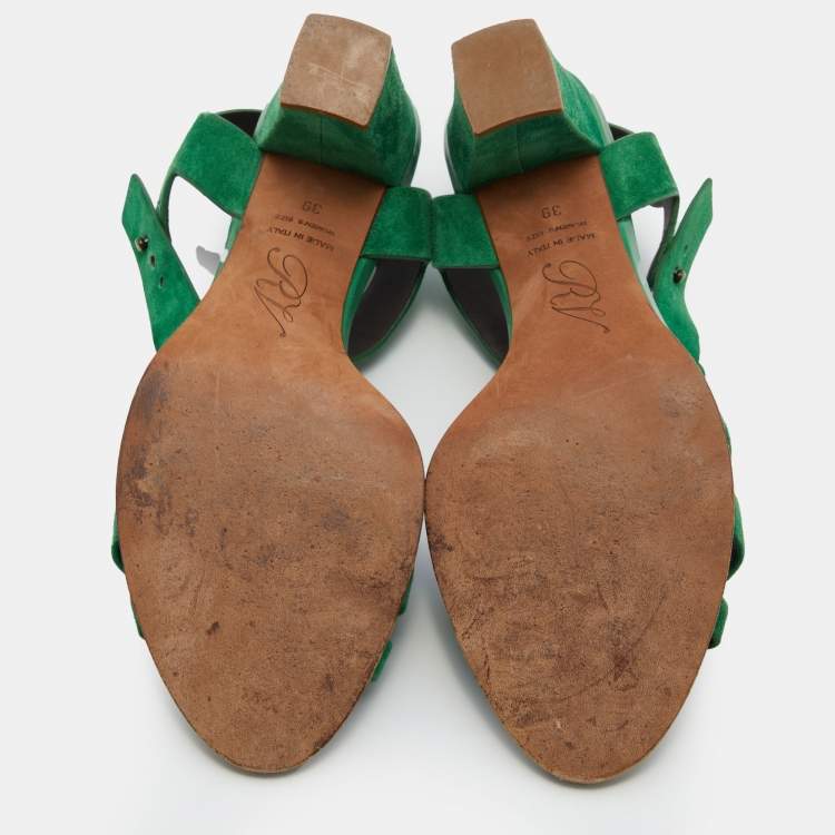 Pre Owned Roger Vivier Green Suede T-Strap Sandals Size 39