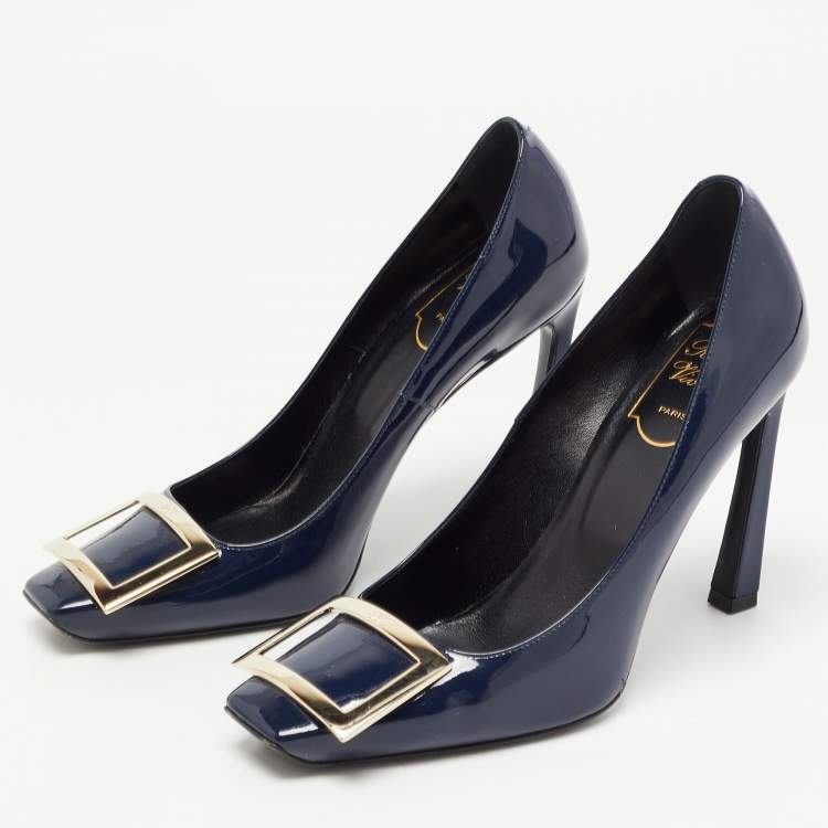 Pre Owned Roger Vivier Navy Blue Patent Leather Trompette Pumps Size 37