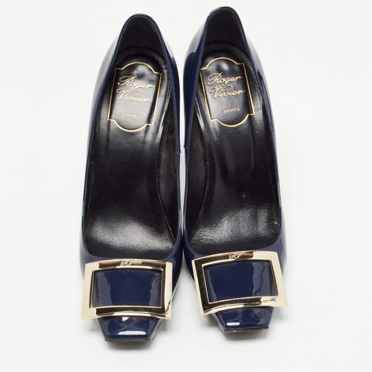 Pre Owned Roger Vivier Navy Blue Patent Leather Trompette Pumps Size 37