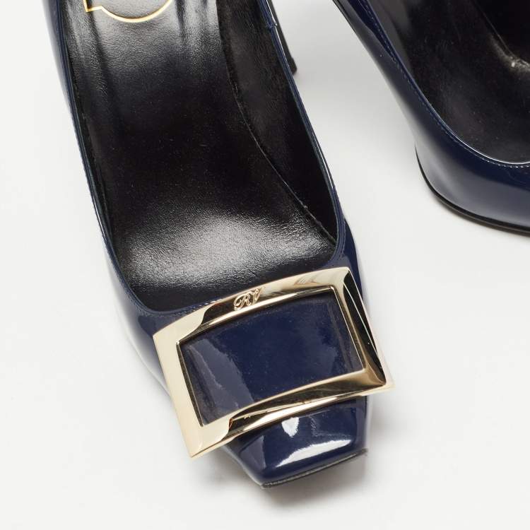 Pre Owned Roger Vivier Navy Blue Patent Leather Trompette Pumps Size 37