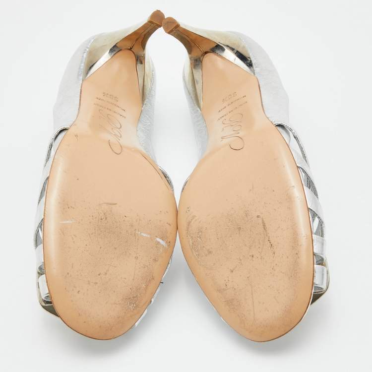 Pre Owned Roger Vivier Metallic Silver Leather Open Toe Pumps Size 38.5