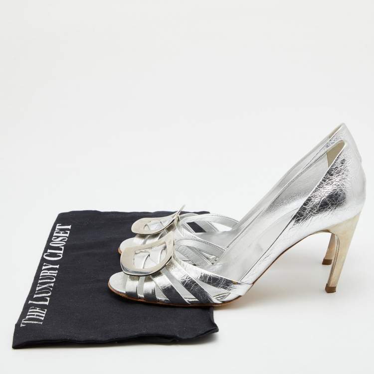 Pre Owned Roger Vivier Metallic Silver Leather Open Toe Pumps Size 38.5