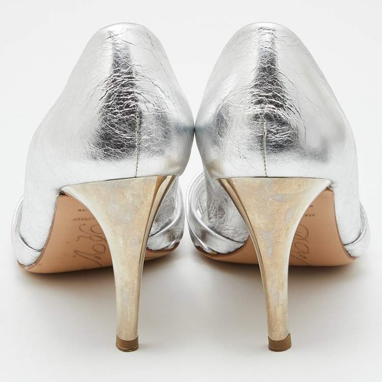 Pre Owned Roger Vivier Metallic Silver Leather Open Toe Pumps Size 38.5