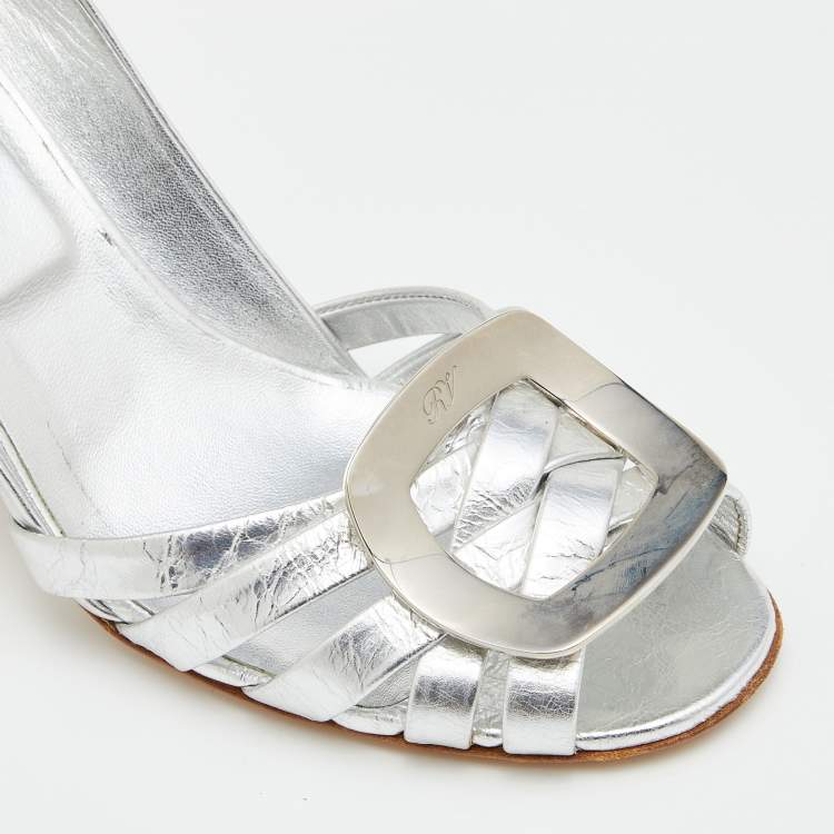 Pre Owned Roger Vivier Metallic Silver Leather Open Toe Pumps Size 38.5