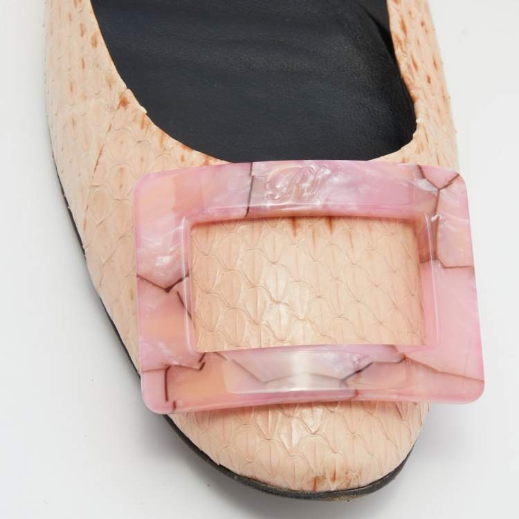 Pre Owned Roger Vivier Beige Python Leather Trompette Ballet Flats Size 38.5