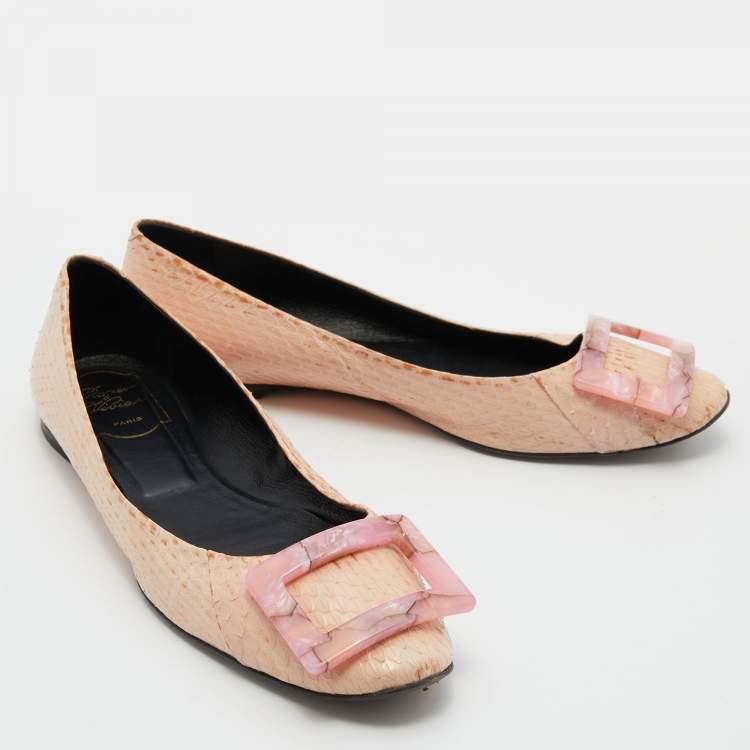 Pre Owned Roger Vivier Beige Python Leather Trompette Ballet Flats Size 38.5