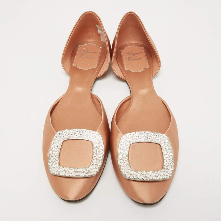 Pre Owned Roger Vivier Beige Satin Strass Chips Ballerina D'orsay Flats Size 38