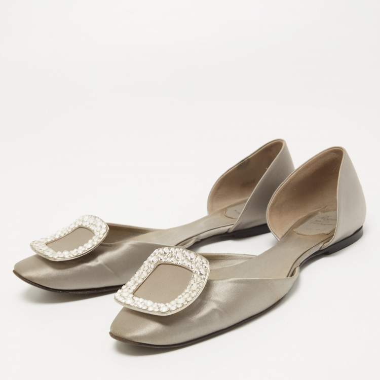 Pre Owned Roger Vivier Grey Satin Crystal Embellished Chips D'orsay Flats Size 38