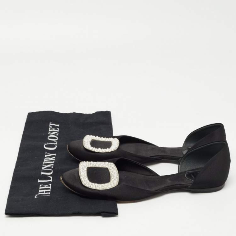 مملوكة مسبقًا Roger Vivier Black Satin Crystal Embellished Chip Flats Size 37