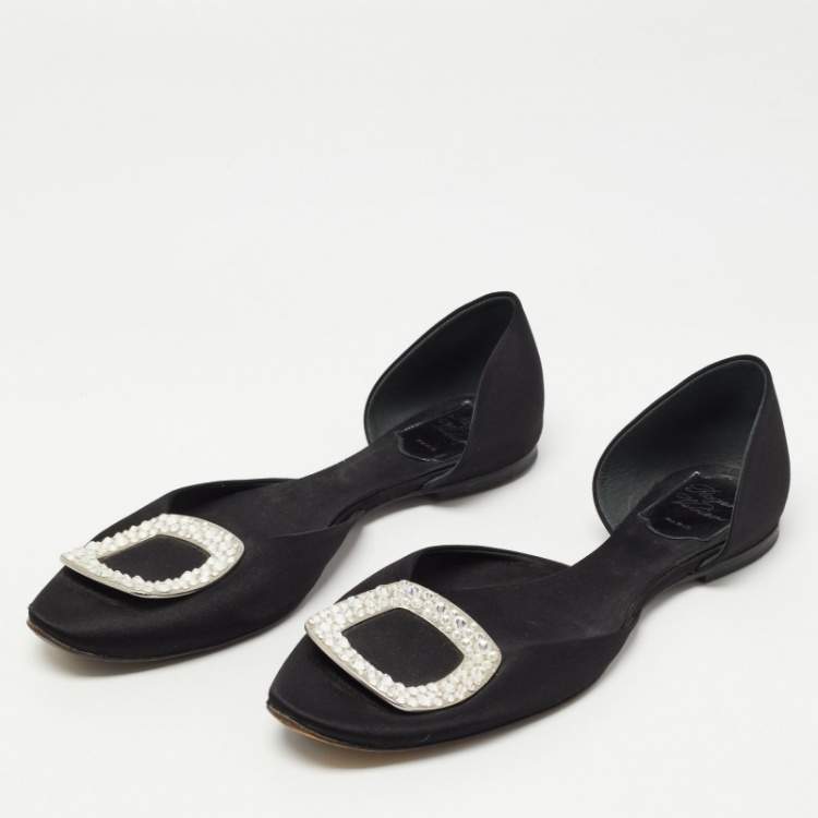 مملوكة مسبقًا Roger Vivier Black Satin Crystal Embellished Chip Flats Size 37