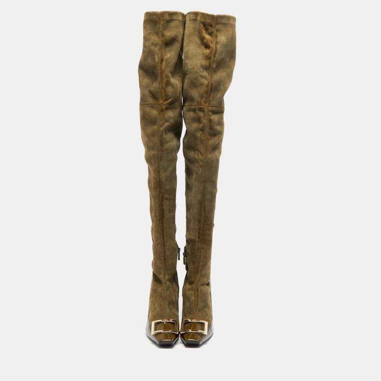 Pre Owned Roger Vivier Olive Green Patent Leather and Suede Over The Knee Length Boots Size 40