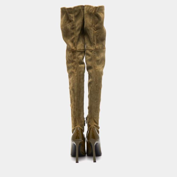 Pre Owned Roger Vivier Olive Green Patent Leather and Suede Over The Knee Length Boots Size 40