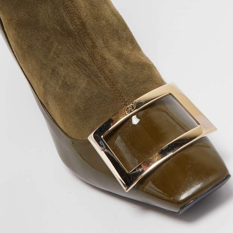 Pre Owned Roger Vivier Olive Green Patent Leather and Suede Over The Knee Length Boots Size 40