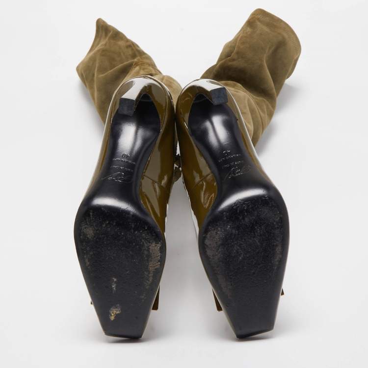 Pre Owned Roger Vivier Olive Green Patent Leather and Suede Over The Knee Length Boots Size 40