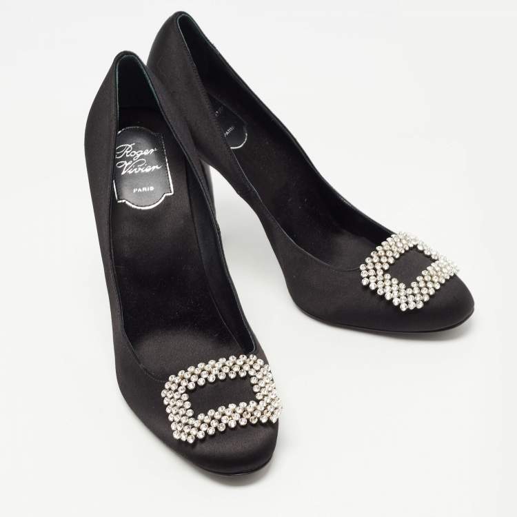 Pre Owned Roger Vivier Black Satin Trompette Crystal Embellished Pumps Size 40