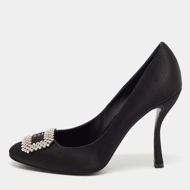 Pre Owned Roger Vivier Black Satin Trompette Crystal Embellished Pumps Size 40
