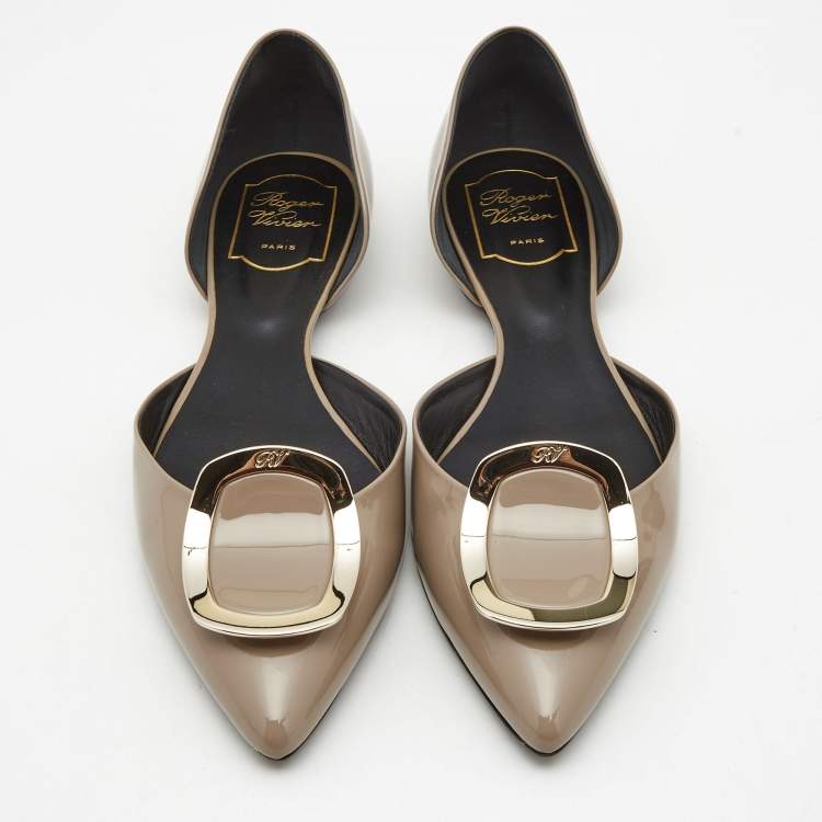 Pre Owned Roger Vivier Grey Patent Leather Belle Vivier Trompette D'orsay Flats Size 38.5