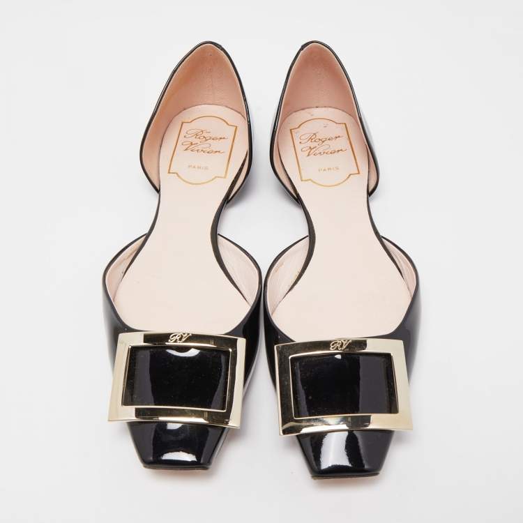 Pre Owned Roger Vivier Black Patent Leather Trompette D'orsay Ballet Flats Size 36