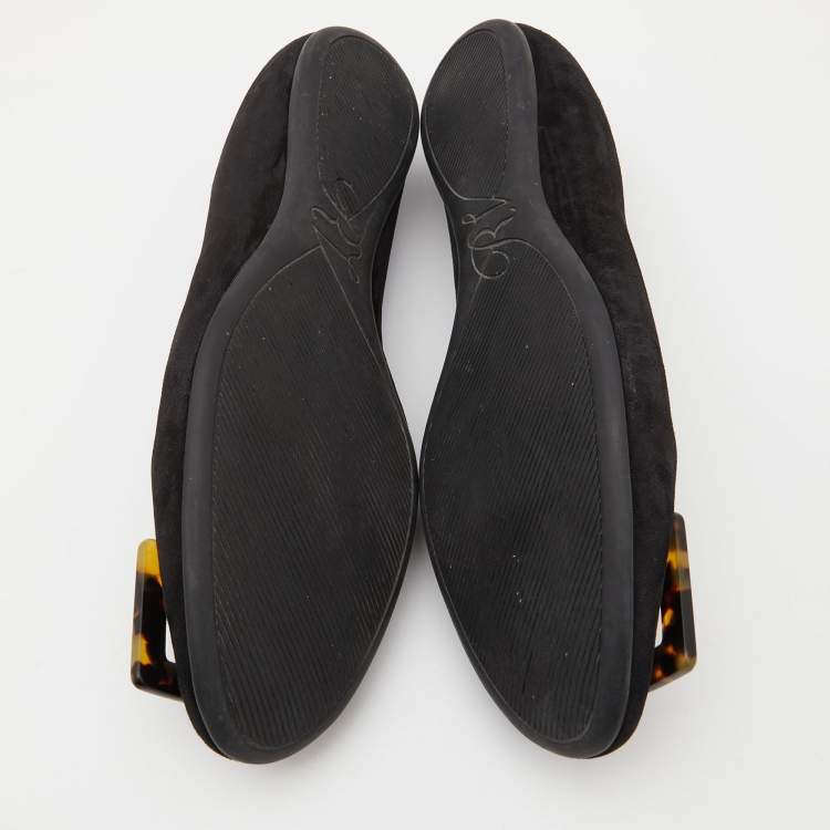 Pre Owned Roger Vivier Black Suede Tortoise Shell Buckle Ballet Flats Size 39.5