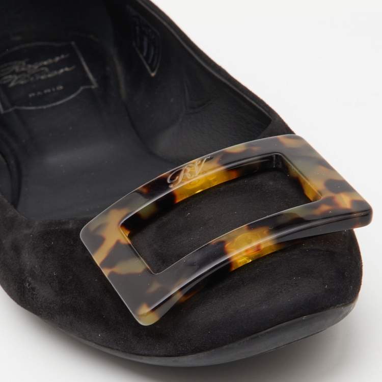 Pre Owned Roger Vivier Black Suede Tortoise Shell Buckle Ballet Flats Size 39.5