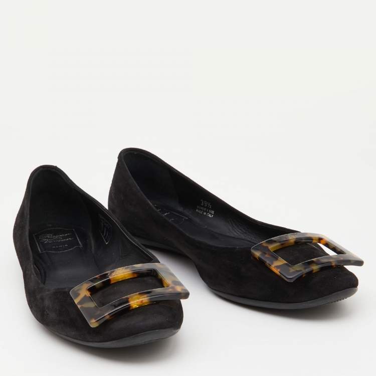 Pre Owned Roger Vivier Black Suede Tortoise Shell Buckle Ballet Flats Size 39.5
