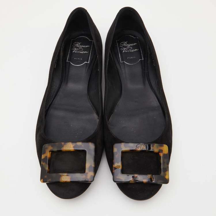 Pre Owned Roger Vivier Black Suede Tortoise Shell Buckle Ballet Flats Size 39.5