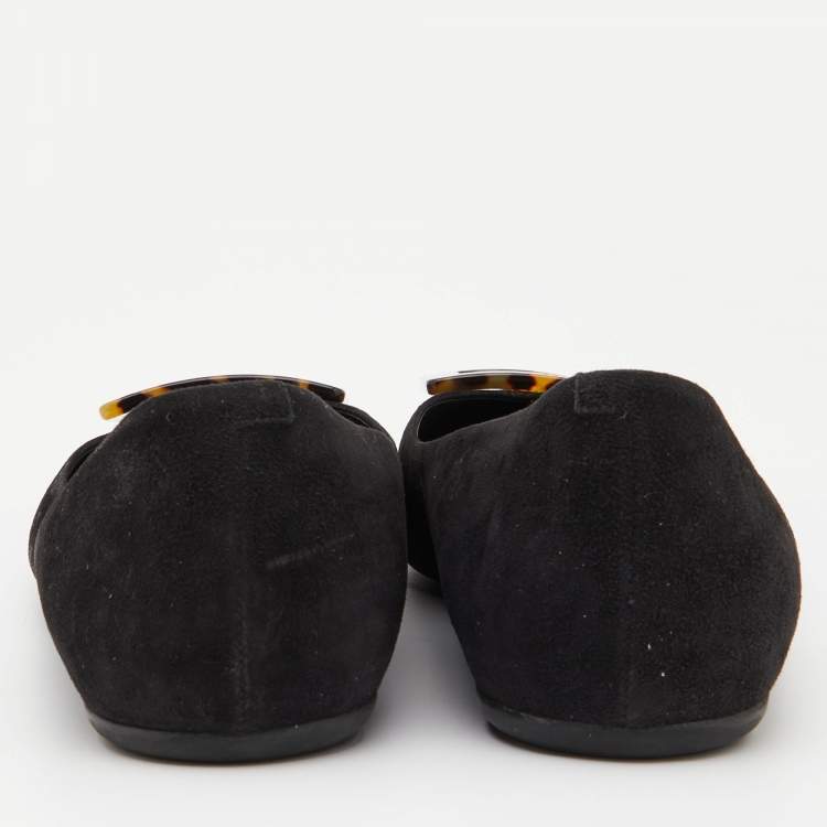 Pre Owned Roger Vivier Black Suede Tortoise Shell Buckle Ballet Flats Size 39.5