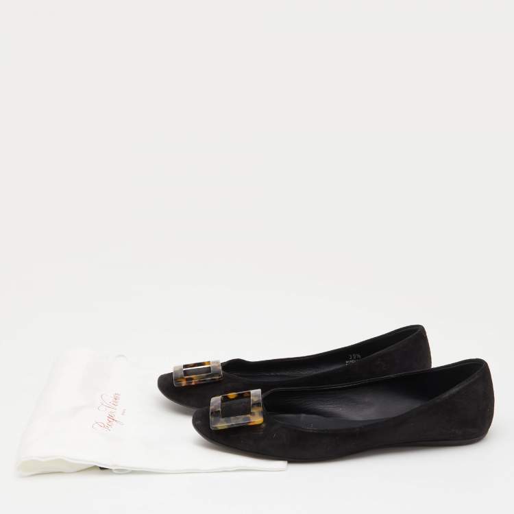 Pre Owned Roger Vivier Black Suede Tortoise Shell Buckle Ballet Flats Size 39.5