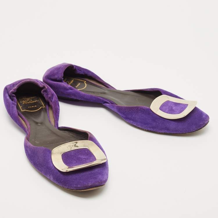 Pre Owned Roger Vivier Purple Suede Chip Buckle D'orsay Ballet Flats Size 38