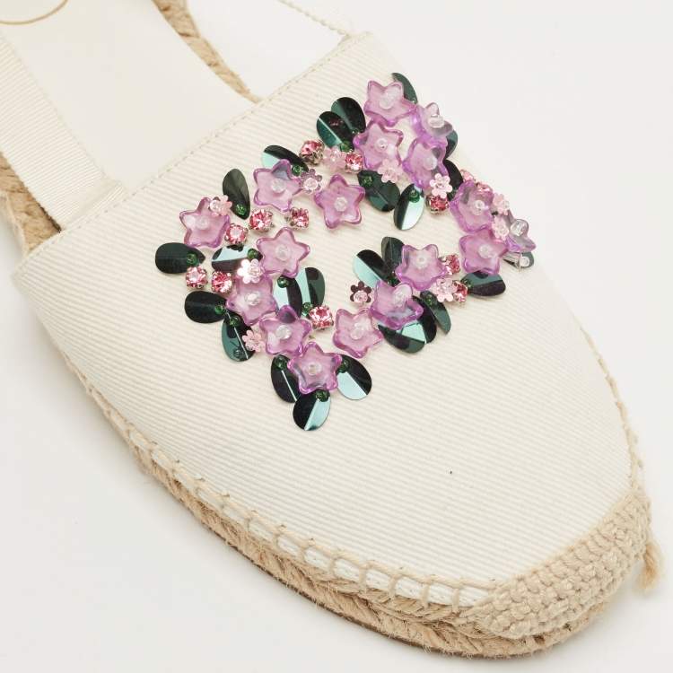 Pre Owned Roger Vivier White Canvas Embellished Lace Up Espadrille Flats Size 39