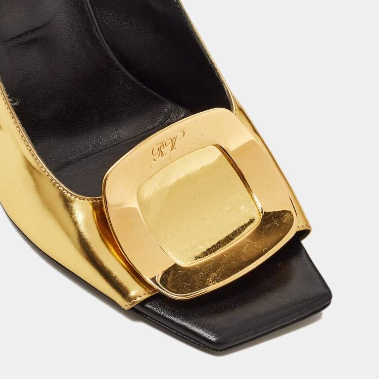 Pre Owned Roger Vivier Gold Leather Buckle Wedge Slingback Sandals Size 39.5