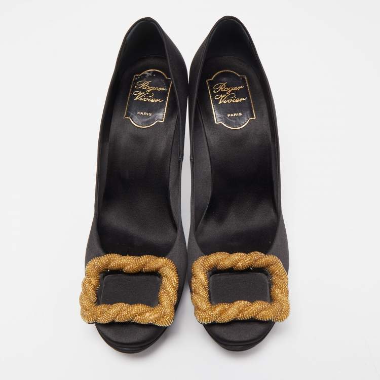 Pre Owned Roger Vivier Black Satin Buckle Platform Pumps Size 39.5
