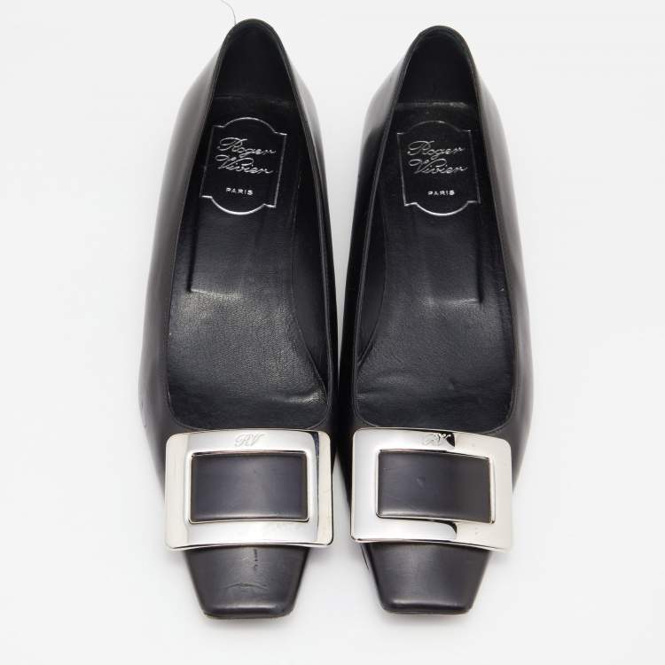 Pre Owned Roger Vivier Black Leather Belle Vivier Ballet Flats Size 37.5