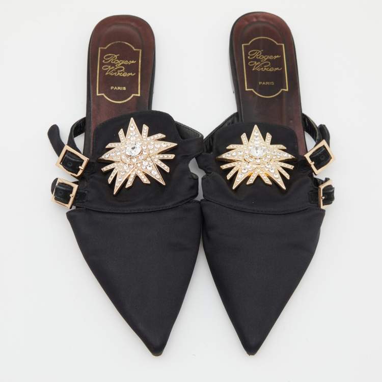Pre Owned Roger Vivier Black Satin Star Strass Mule Flats Size 39