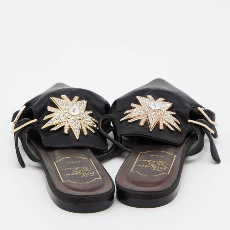 Pre Owned Roger Vivier Black Satin Star Strass Mule Flats Size 39