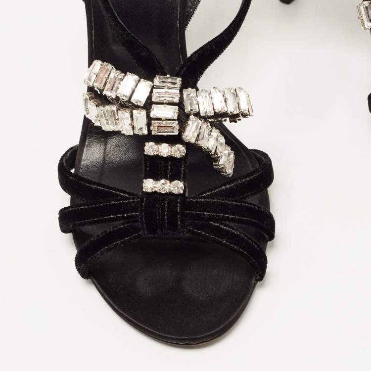 Pre Owned Roger Vivier Black Velvet Crystal Embellished Bow Sandals Size 37