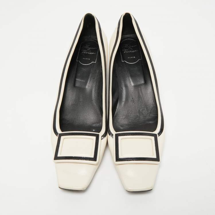 Pre Owned Roger Vivier Cream/Black Leather Belle Vivier Graphic Pumps Size 41 