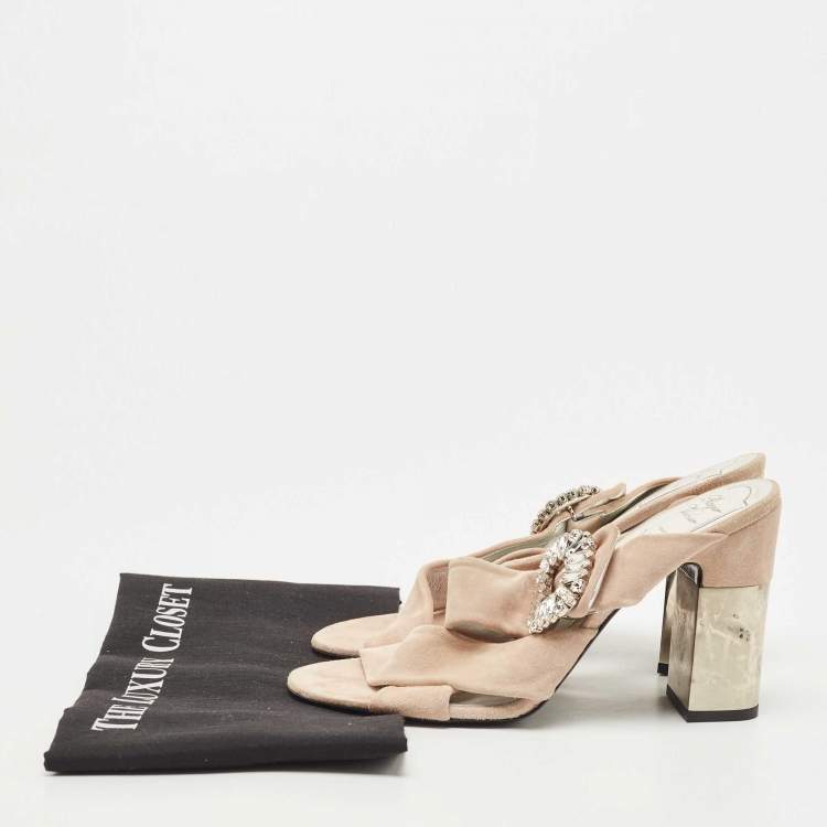 Pre Owned Roger Vivier Beige Suede Crystal Embellished Buckle Slide Sandals Size 39